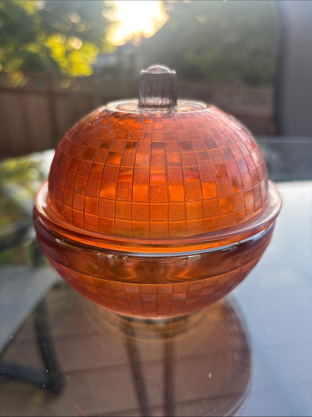 Amber Glass Lidded Trinket Dish - Mosaic Sphere